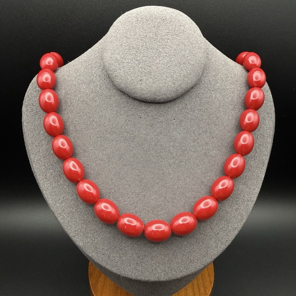 Vintage Cherry Red Oval Lucite Bead Necklace Chunky Mid Century Statement 24"